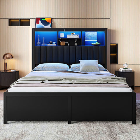 King Bed Frame With High Storage Headboard, Bed Frame With LED Light And Charging Station, 4 Storage Drawers - Black