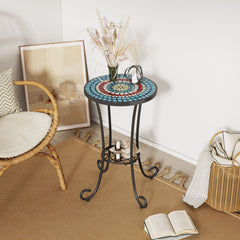 Ceramic Tile And Iron Patio Side Table With Shelf