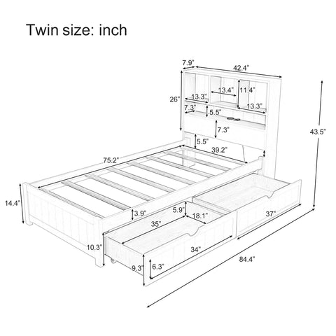 Platform Bed With Bookcase Headboard, Built-In Downlight, Charging Station, And 2 Side Drawers