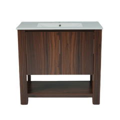 36" Modern Bathroom Vanity With Rectangle Ceramic Sink, Bathroom Cabinet And 45 Degrees Free Handle Design Soft Closing Doors, 1 Open Shelf At The Bottom - Dark Brown