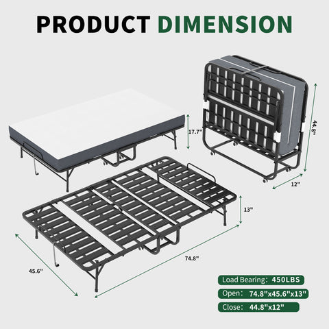 Twin Wide Folding Bed For Tall People, Extra Long & Wide Rollaway With Memory Foam, Heavy-Duty - Black