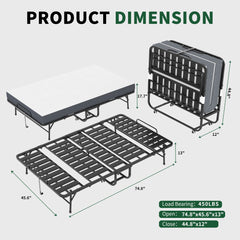Twin Wide Folding Bed For Tall People, Extra Long & Wide Rollaway With Memory Foam, Heavy-Duty - Black