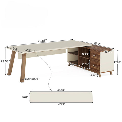 L-Shaped Executive Desk With File Cabinet, Computer Workstation With Drawers And Shelves For Home Office - White / Walnut