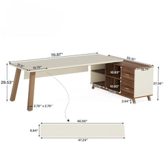 L-Shaped Executive Desk With File Cabinet, Computer Workstation With Drawers And Shelves For Home Office - White / Walnut