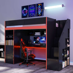 Gaming Loft Bed With Desk And Storage, LED Lights