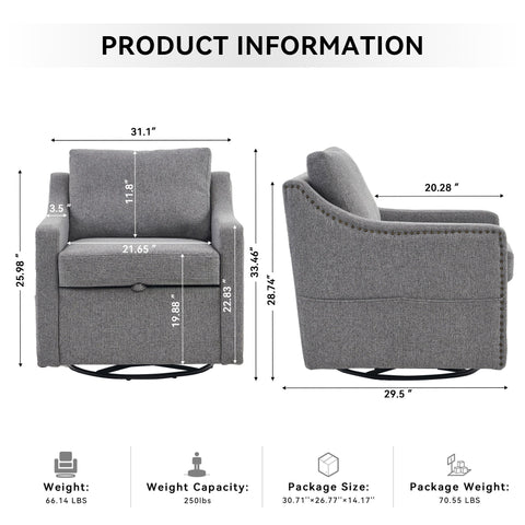 Linen Fabric 360° Swivel Accent Chair With Upholstered Back Pillow And Rivet Armrest
