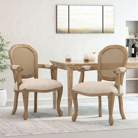 French Country Style Dining Chair Set With Cane Webbing Backrest - Beige