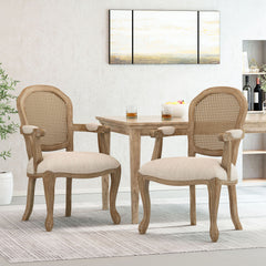 French Country Style Dining Chair Set With Cane Webbing Backrest - Beige