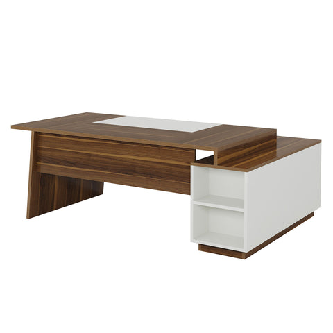 L-Shaped Executive Desk With Storage Cabinet And Shelves For Home Office - White / Walnut