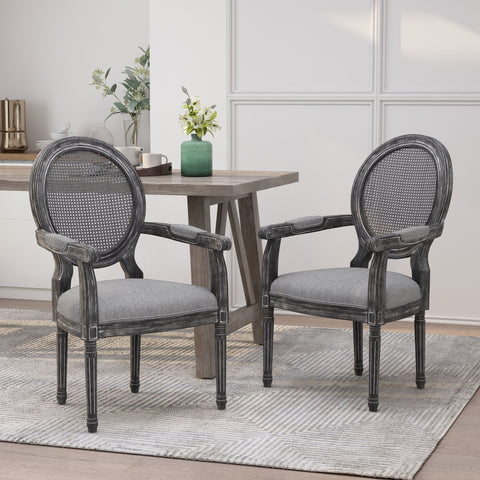 French Country Style Wood And Cane Upholstered Dining Chair Set