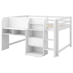Low Loft Bed With Built In Desk, Storage Cabinets, Open Bookcase And Doodle Blackboard