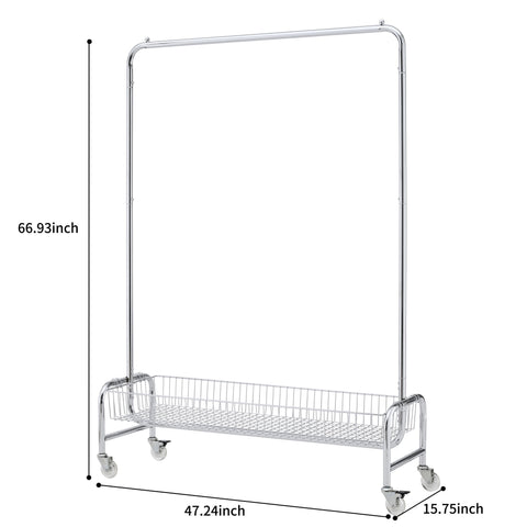 Heavy Duty Iron Garment Rack With Basket On Wheels - Silver