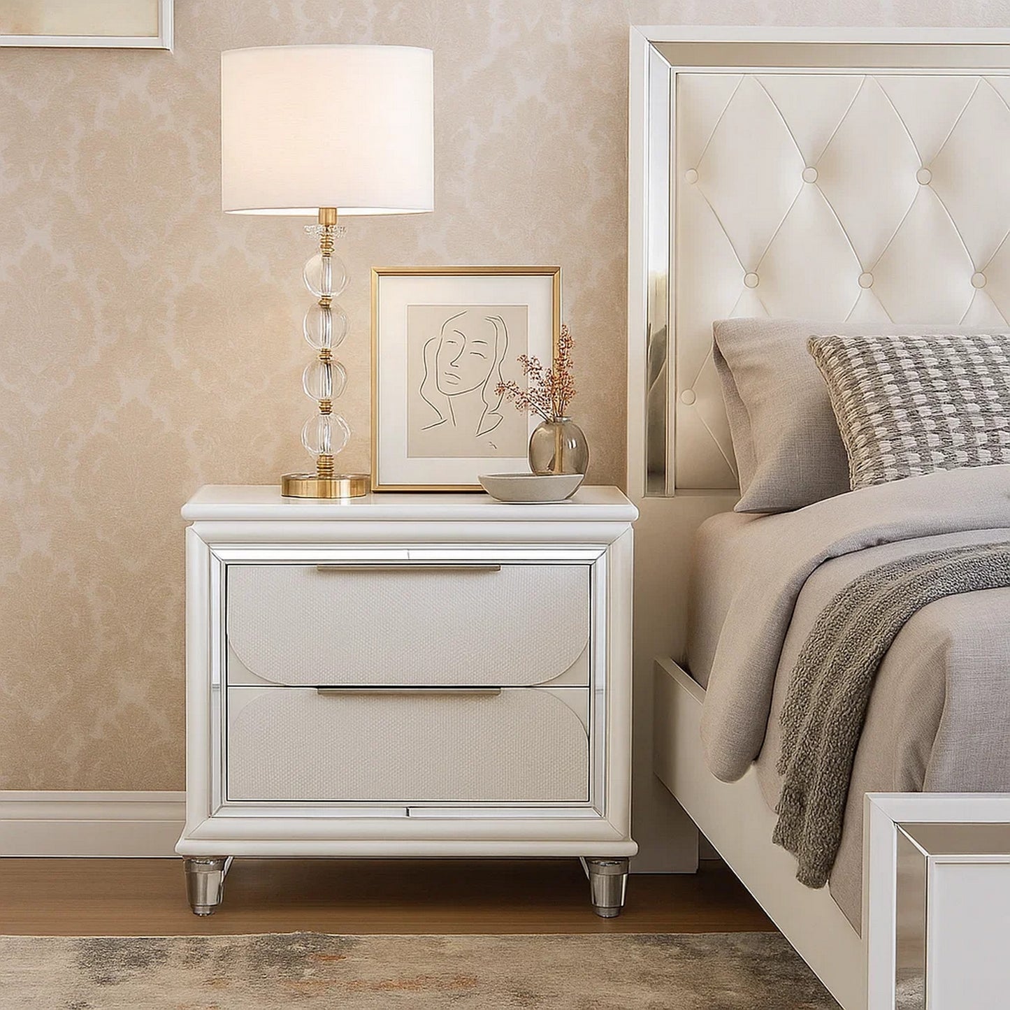 48-MESITAS DE NOCHE / NIGHTSTANDS #2 - ESPEJO BLANCO CON 2 GAVETAS - SET DE 2 - $599
