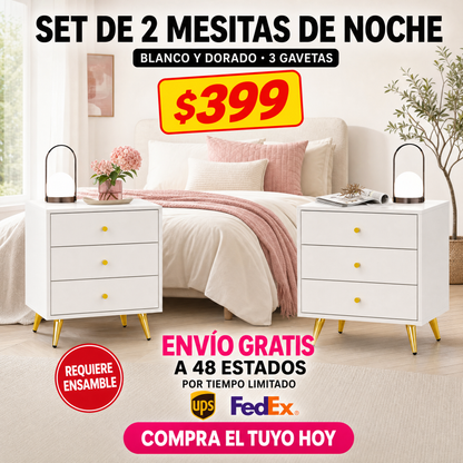 48-MESITAS DE NOCHE / NIGHTSTANDS #6 - BLANCO Y DORADO CON 3 GAVETAS - SET DE 2 - $399