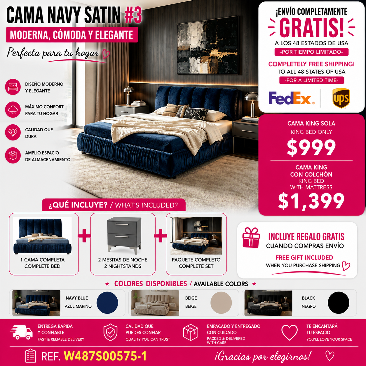 CAMA AZUL KING SIZE SOLAMENTE-King Size Upholstered Bed Frame, Modern Minimalist Style with Segmented Plump Compressed Sponge Headboard, Shiny velvet & Sturdy Leg Support, Mattress Not Included-Dark Blue
