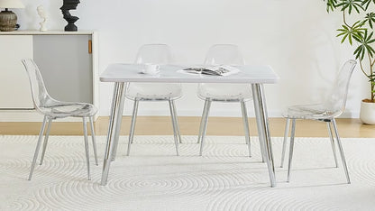 COMEDOR #7-Table and 4 chair set.White imitation marble texture glass countertop + lower MDF board, silver metal tapered legs.Paired with 4 Transparent Plastic Chairs with Silver Metal Legs.