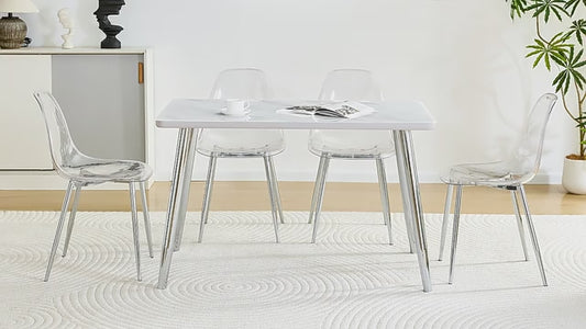 COMEDOR #7-Table and 4 chair set.White imitation marble texture glass countertop + lower MDF board, silver metal tapered legs.Paired with 4 Transparent Plastic Chairs with Silver Metal Legs.