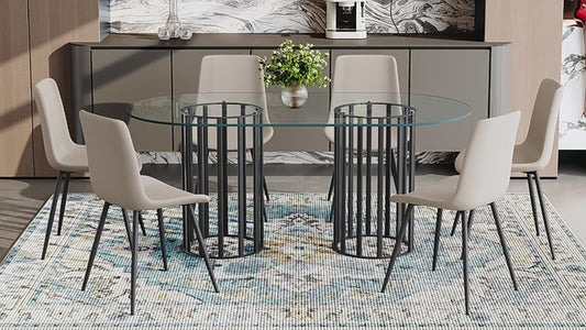 Comedor Ovalado de Vidrio Templado 6 Puestos - Metal y Sintético Gris 48 - 018