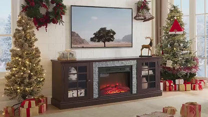 48 - TV STAND CON CHIMENEA #7 - 70" Modern TV Stand with 2-Door Storage & 23" Electric Fireplace, Faux Stone Media Console Cabinet, White Large Entertainment Center for Living Room