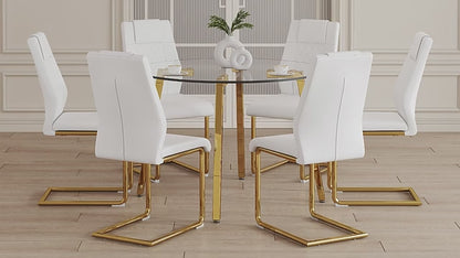 Comedor Redondo de Cristal 6 Puestos - Blanco y Dorado 48 - 023