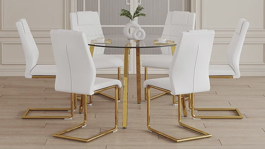 Comedor Redondo de Cristal 6 Puestos - Blanco y Dorado 48 - 023