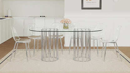 Comedor Ovalado de Vidrio Templado 6 Puestos - Plateado y Transparente 48 - 022
