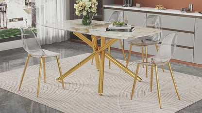 Comedor 6 Puestos - Vidrio Templado Marmol, Dorado y Sillas Transparentes 48 - 012
