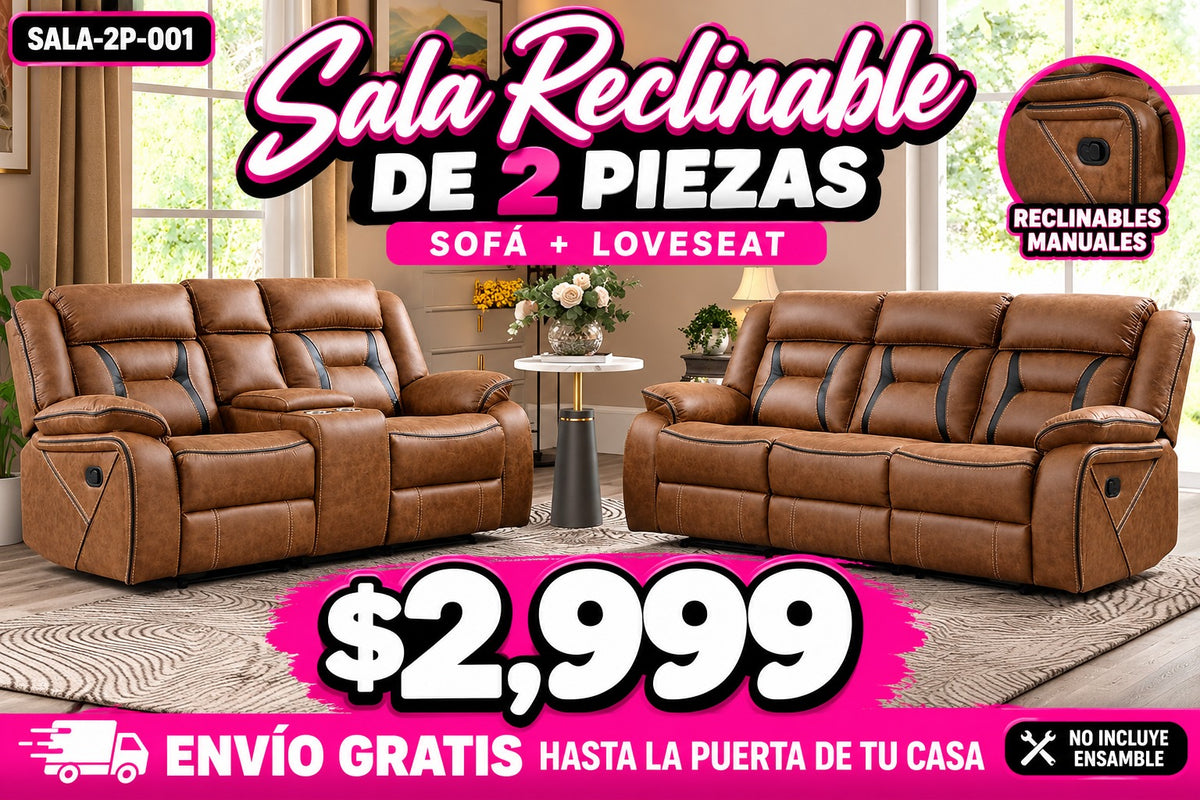 Sala reclinable manual de 2 piezas color café, sofá y loveseat, $2,999
