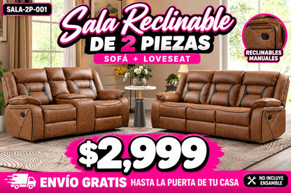 Sala reclinable manual de 2 piezas color café, sofá y loveseat, $2,999