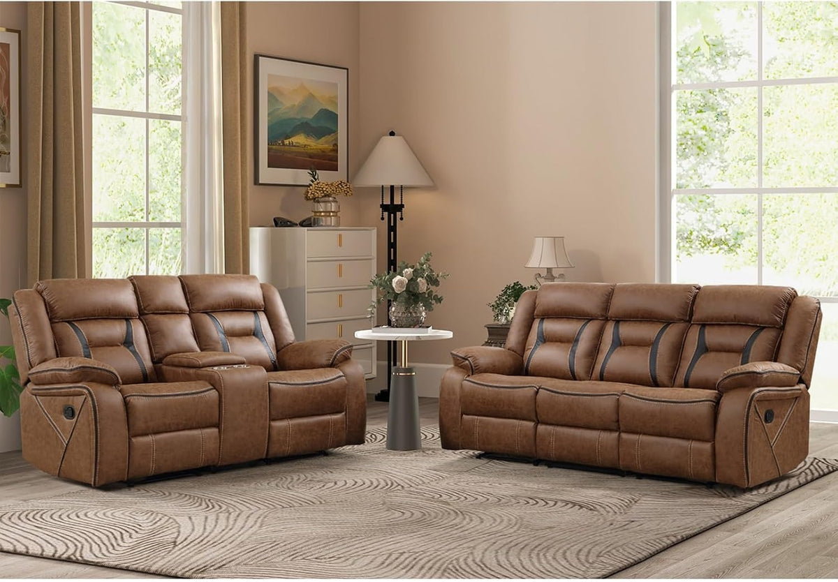 Sofá reclinable de 3 puestos y loveseat con consola en piel sintética café