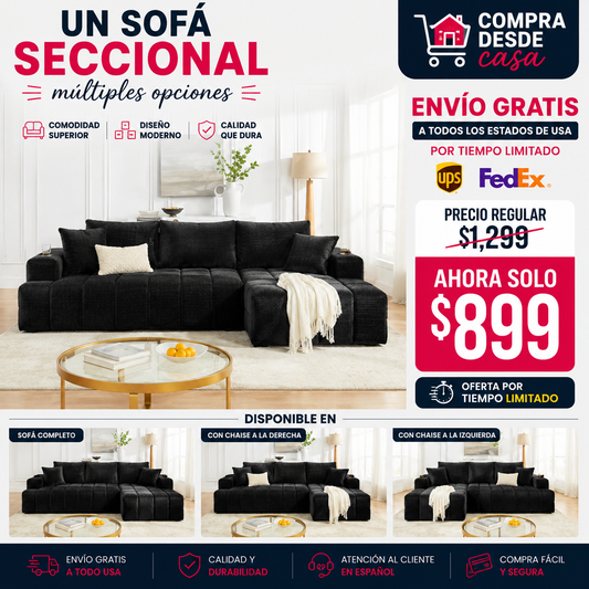 SALA NEGRAS #32- 108" L-Shaped Chenille Sectional Sofa, Cloud Style Boneless Sofa with Chaise, Modern Upholstered Couch with Cup Holders & Side Pockets, Compression Sofa for Living Room, No Assembly Required, Black