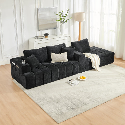 SALA NEGRAS #32- 108" L-Shaped Chenille Sectional Sofa, Cloud Style Boneless Sofa with Chaise, Modern Upholstered Couch with Cup Holders & Side Pockets, Compression Sofa for Living Room, No Assembly Required, Black
